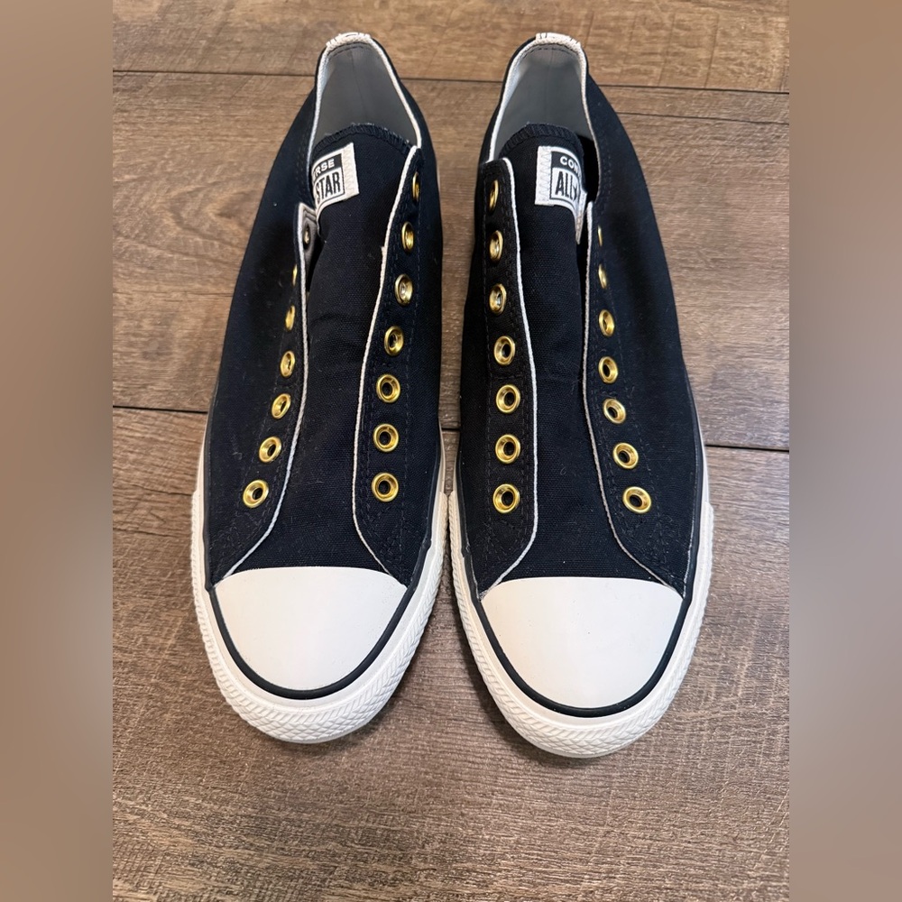 Converse Chuck Taylor Slip-On Black Gold Eyelets M10.5 W12.5